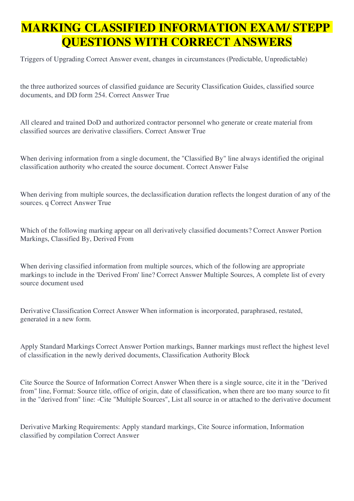 Preview image for MARKING CLASSIFIED INFORMATION EXAM/ STEPP QUESTIONS WITH CORRECT ANSWERS
